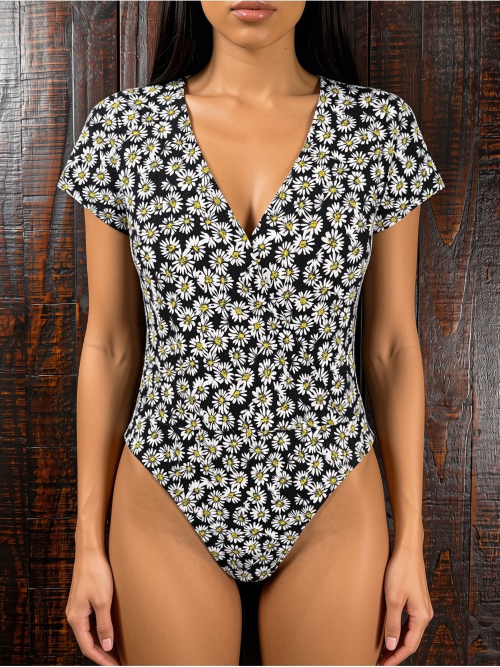 Daisy Floral V-neck Short Sleeve Ribbed Bodysuit NWT XL
